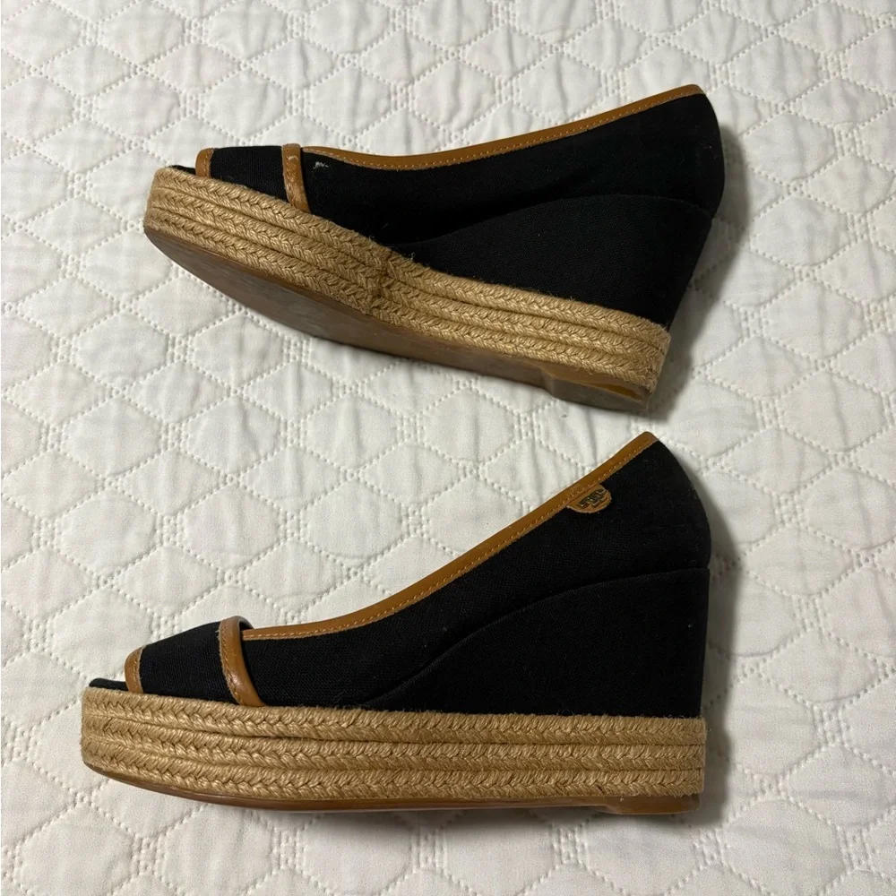 Tory Burch Majorca Canvas Black and Tan Wedges - Picture 6 of 9